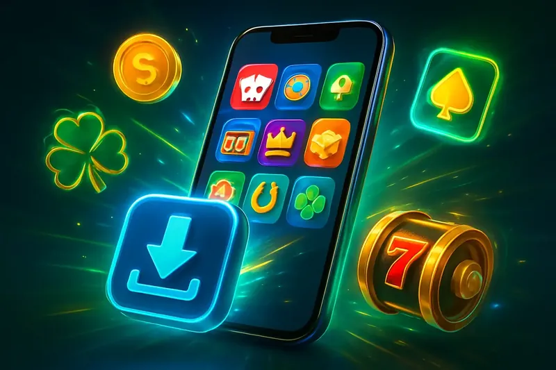 Premium Casino App Glossy smartphone casino app banner with neon download effects and game tiles