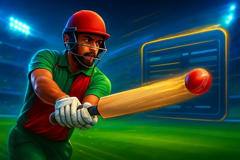 Cricket Sportsbook Action Cricket batter striking ball under stadium lights on sportsbook banner