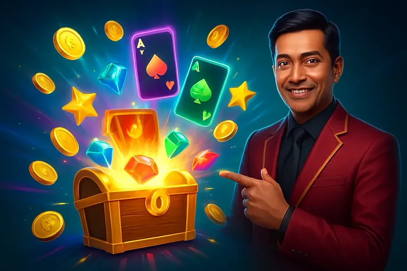 Reward Chest Burst Glowing reward chest with cards, coins, gems, and stars bursting out