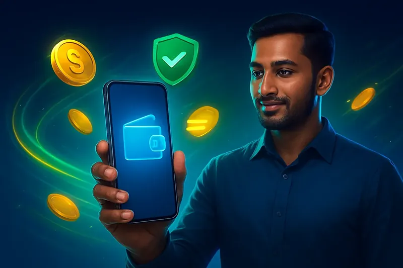 Hand holding smartphone with secure mobile wallet, coins, and speed light trails
