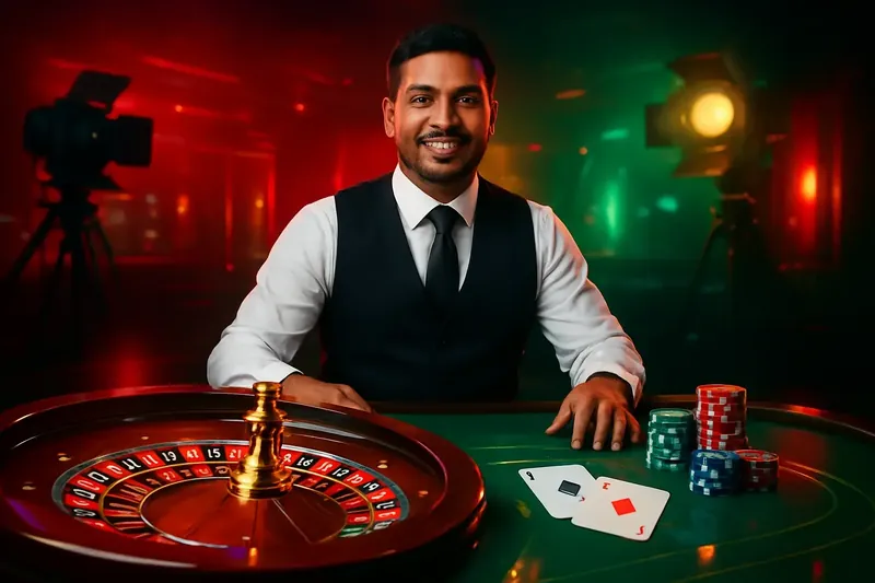 Friendly professional live dealer with roulette, cards, chips, and studio lights