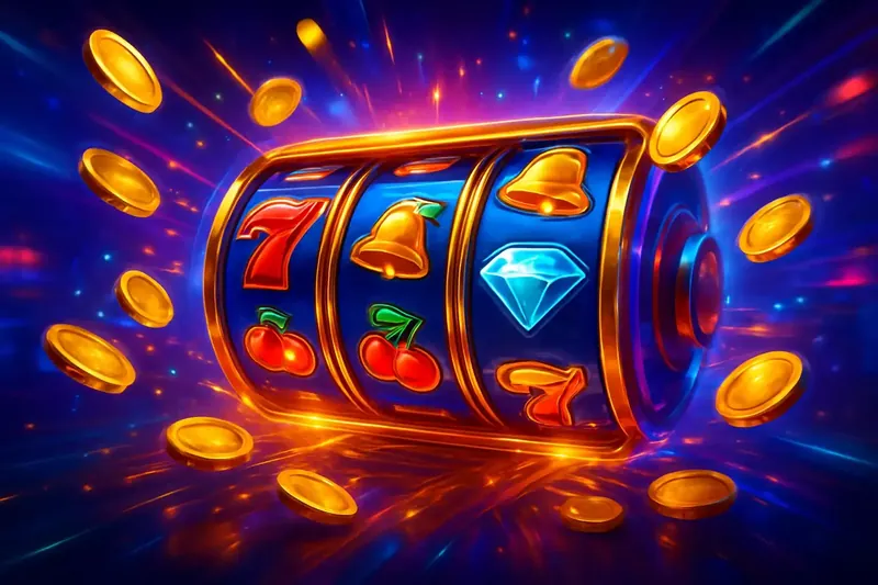 Explosive Slot Reels Colorful spinning slot machine reels with coins, sparkles, and neon glow